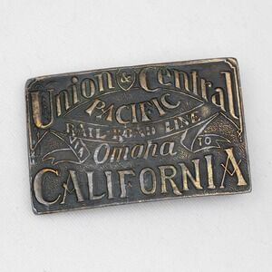 Vtg Union & Central Pacific Belt Buckle Railroad Line Omaha to California Brass